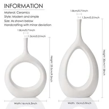 White Ceramic Hollow Vases Set of 2, Flower Vase for Decor, Modern Decorative Vase Centerpiece for Wedding Dinner Table Party Living Room Office Bedroom, Housewarming Gift