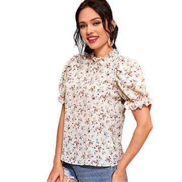 Romwe Women's Elegant Floral Ruffle Puff Short Sleeve Mock Neck Blouse Tops White#4 Medium