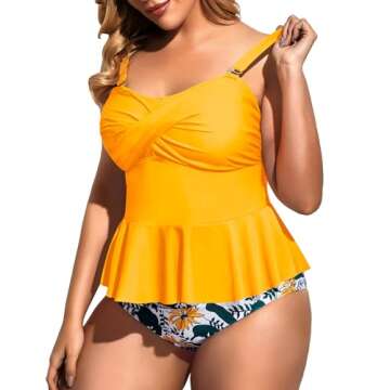Daci Women Yellow Two Piece Plus Size Swimsuit with Bottom Peplum Tankini High Waisted Tummy Control Bathing Suit 16W