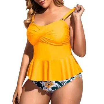 Daci Women Yellow Two Piece Plus Size Swimsuit with Bottom Peplum Tankini High Waisted Tummy Control Bathing Suit 16W