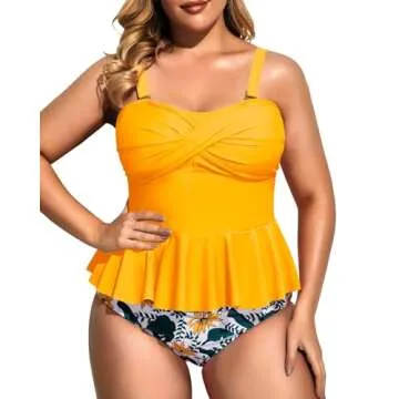 Daci Women Yellow Two Piece Plus Size Swimsuit with Bottom Peplum Tankini High Waisted Tummy Control Bathing Suit 16W