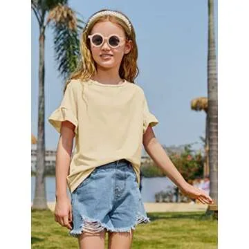 Plffkfly Girls Cute Basic Casual T Shirt Short Ruffles Sleeve Crewneck Breathable Elegant Tunic Tops Tees