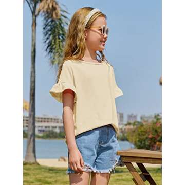 Plffkfly Girls Cute Basic Casual T Shirt Short Ruffles Sleeve Crewneck Breathable Elegant Tunic Tops Tees