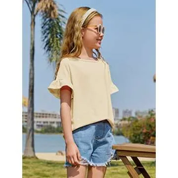 Plffkfly Girls Cute Basic Casual T Shirt Short Ruffles Sleeve Crewneck Breathable Elegant Tunic Tops Tees