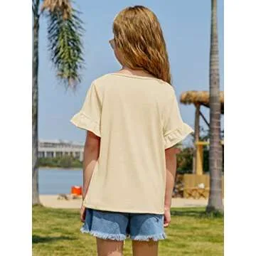 Plffkfly Girls Cute Basic Casual T Shirt Short Ruffles Sleeve Crewneck Breathable Elegant Tunic Tops Tees