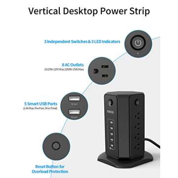 10ft Extension Cord Power Strip Tower, NTONPOWER Flat Plug Surge Protector with 8 Outlets 5 USB Desk...