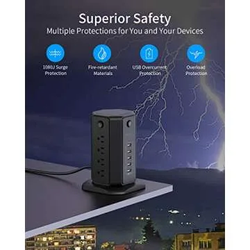 Power Strip Tower with USB – 10ft Extension Cord, 8 Outlets
