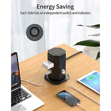 Power Strip Tower with USB – 10ft Extension Cord, 8 Outlets
