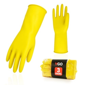 Vgo... 3-Pairs Reusable Household Gloves, Rubber Dishwashing gloves, Extra Thickness, Long Sleeves, ...