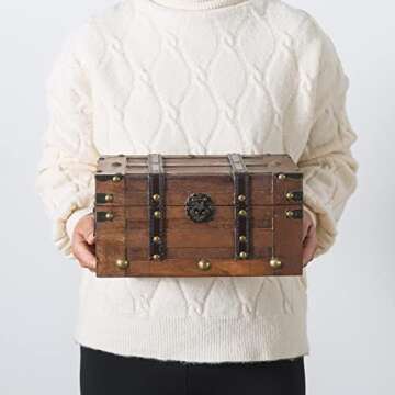 SLPR Alexander Small Wooden Treasure Chest - 11" x 7" x 5.5", Wood Storage Box with Hinged Lid, Deco...