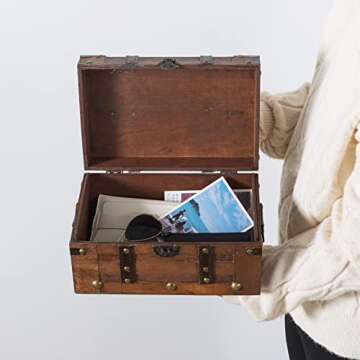 SLPR Alexander Small Wooden Treasure Chest - 11" x 7" x 5.5", Wood Storage Box with Hinged Lid, Decorative Trunk for Keepsakes, Vintage Pirate Chest for Classroom