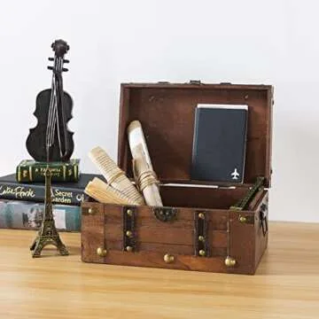 SLPR Alexander Small Wooden Treasure Chest - 11" x 7" x 5.5", Wood Storage Box with Hinged Lid, Decorative Trunk for Keepsakes, Vintage Pirate Chest for Classroom