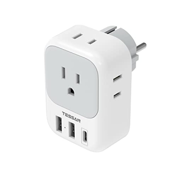 TESSAN Type E F Plug Adapter with 3 USB Ports, 4 AC Outlets, Travel Power Adapter