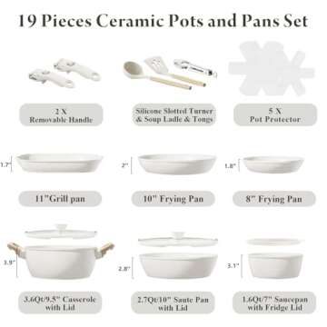 Bazova 19 Pcs Pots and Pans Set Non Stick Ceramic Cookware Set with Removable Handles, Non Toxic Ind...