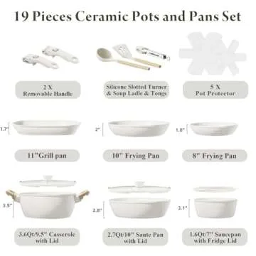 Bazova 19 Pcs Pots and Pans Set Non Stick Ceramic Cookware Set with Removable Handles, Non Toxic Ind...
