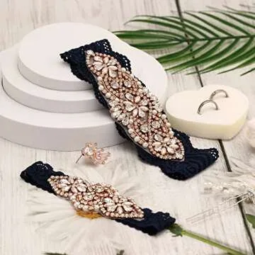 yanstar Wedding Bridal Garter Set Champagne Stretch Lace with Silver Rhinestone Clear Crystal Pearl for Prom Bridesmaid Dress