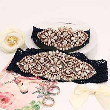 yanstar Wedding Bridal Garter Set Champagne Stretch Lace with Silver Rhinestone Clear Crystal Pearl for Prom Bridesmaid Dress