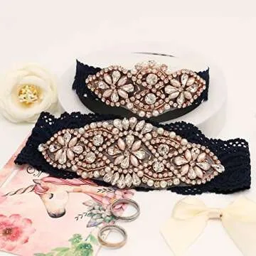 yanstar Wedding Bridal Garter Set Champagne Stretch Lace with Silver Rhinestone Clear Crystal Pearl for Prom Bridesmaid Dress