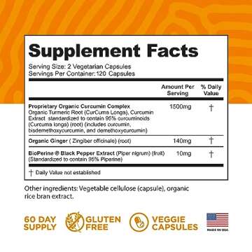 Turmeric Curcumin with BioPerine Black Pepper and Ginger - Made in USA - 120 Vegetarian Capsules for Advanced Absorption, Joints Support