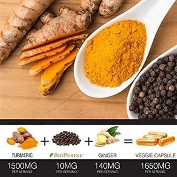 Turmeric Curcumin with BioPerine Black Pepper and Ginger - Made in USA - 120 Vegetarian Capsules for Advanced Absorption, Joints Support