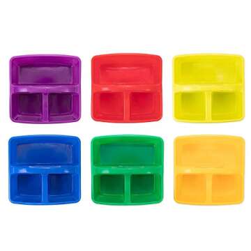 6 Multicolored Storage Caddies - Bulk Stackable Plastic Bins with 3 Compartments & Carrying Handle f...