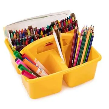 6 Multicolored Storage Caddies - Bulk Stackable Plastic Bins with 3 Compartments & Carrying Handle for Kids - Office Desk Organization for Preschool, Kindergarten, Cleaning Supplies, Arts & Crafts