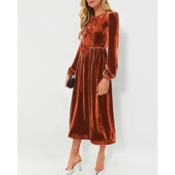 SCOFEEL Women's Velvet Midi Dress Long Sleeve High Waist Bow Flowy Long Formal Dress