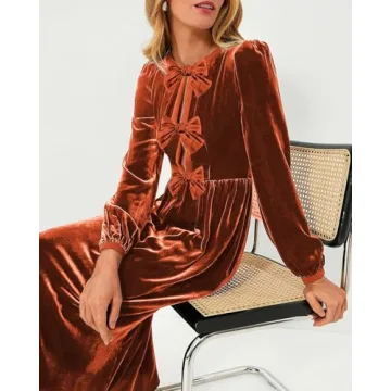 SCOFEEL Women's Velvet Midi Dress Long Sleeve High Waist Bow Flowy Long Formal Dress