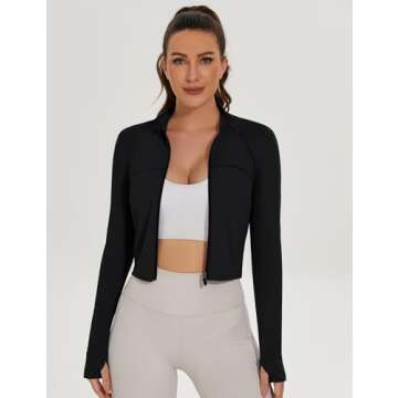 Ivicoer Long Sleeve Workout Jacket for Women Black Zip Up Lightweight Cropped Running Fall Fashion J...