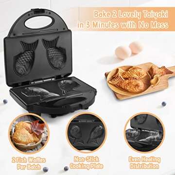 FineMade Taiyaki Fish Waffle Maker Machine with Non Stick Cooking Plate, Electric Japanese Fish Shap...