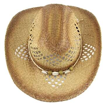 MINAKOLIFE Men's & Women's Western Style Cowboy/Cowgirl Straw Hat (Shell Beads)