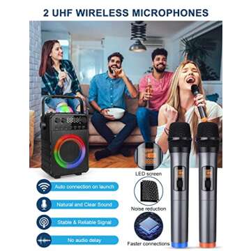 Amazmic Karaoke Machine with 2 Wireless Microphones, Portable Karaoke Machine for Adults PA System Bluetooth Speaker with Disco Lights for Kids, Family Party/Speach, Supports TF Card/USB, AUX in, FM