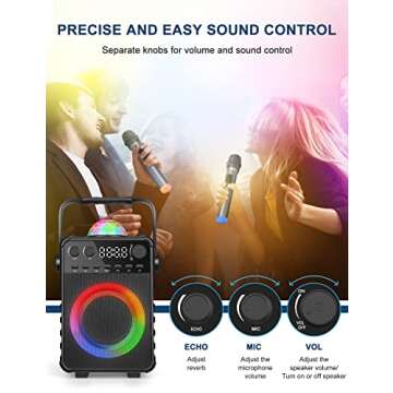 Amazmic Karaoke Machine with 2 Wireless Microphones, Portable Karaoke Machine for Adults PA System Bluetooth Speaker with Disco Lights for Kids, Family Party/Speach, Supports TF Card/USB, AUX in, FM
