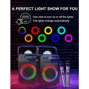 Amazmic Karaoke Machine with 2 Wireless Microphones, Portable Karaoke Machine for Adults PA System Bluetooth Speaker with Disco Lights for Kids, Family Party/Speach, Supports TF Card/USB, AUX in, FM