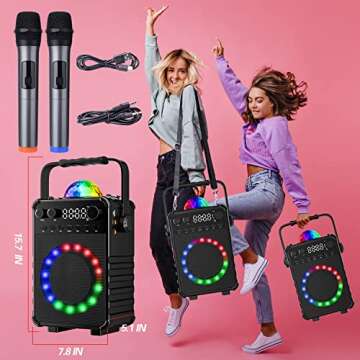 Amazmic Karaoke Machine with 2 Wireless Microphones, Portable Karaoke Machine for Adults PA System Bluetooth Speaker with Disco Lights for Kids, Family Party/Speach, Supports TF Card/USB, AUX in, FM