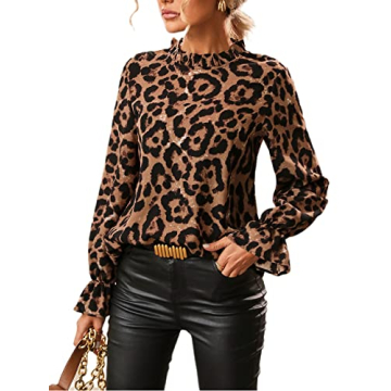 Floerns Leopard Print Long Sleeve Frill Trim Blouse