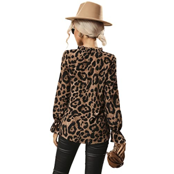 Floerns Leopard Print Long Sleeve Frill Trim Blouse