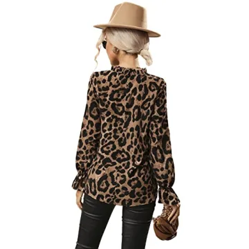 Floerns Leopard Print Long Sleeve Frill Trim Blouse