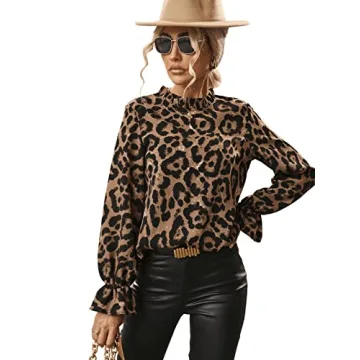 Floerns Leopard Print Long Sleeve Frill Trim Blouse