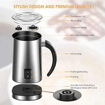 REDMOND Milk Frothers,Automatic Hot and Cold Foam Maker,Electric Milk Steamer, Milk Frother for Coffee, Hot Chocolates, Latte, Cappuccino,Milk Warmer Heater with Whisk,500 W,MF007