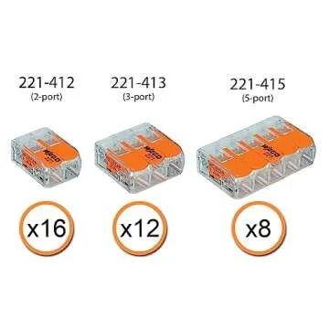 WAGO 221 Lever-Nuts 36pc Compact Splicing Wire Connector Assortment. Includes (16x) 221-412, (12x) 221-413, (8X) 221-415