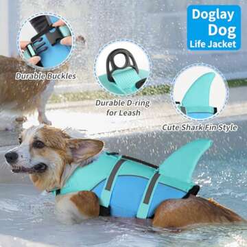 Doglay Dog Life Jacket, Ripstop Cute Shark Dog Life Jacket with Superior Buoyancy and Rescue Handle, Adjustable Dog Life Vests for Swimming Boating, Pet Flotation Vest for Small Medium Large Dogs