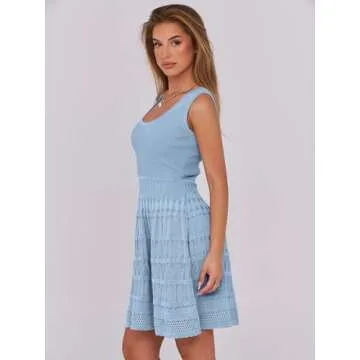 ANRABESS Womens Summer Mini Dress Sleeveless Scoop Neck Knit Tank Dresses Trendy Casual Crochet A Line Flowy Beach Sundress Blue Large