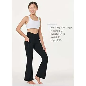 BALEAF Girls' Flare Leggings Bell Bottom Pants Yoga Dance Kids Cute Cross High Waist Bootcut Pants with Pockets Black M