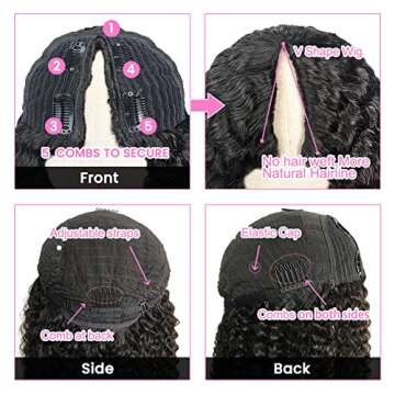 4GIRL4EVER Kinky Curly V Part Bob Wig Human Hair No Leave Out Glueless Wigs Vpart Human Hair Pre Plucked Upgrade U part Wigs Human Hair Beginner Friendly No Sew in No Glue 180% Density 14 Inch