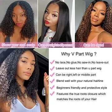 4GIRL4EVER Kinky Curly V Part Bob Wig Human Hair No Leave Out Glueless Wigs Vpart Human Hair Pre Plucked Upgrade U part Wigs Human Hair Beginner Friendly No Sew in No Glue 180% Density 14 Inch