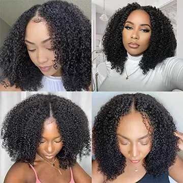 4GIRL4EVER Kinky Curly V Part Bob Wig Human Hair No Leave Out Glueless Wigs Vpart Human Hair Pre Plucked Upgrade U part Wigs Human Hair Beginner Friendly No Sew in No Glue 180% Density 14 Inch
