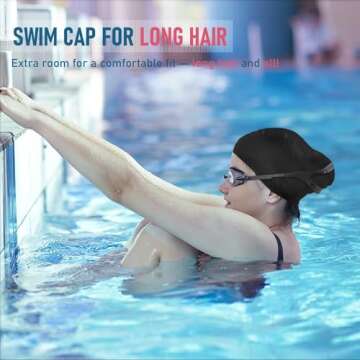 Womens Silicone Swim Cap for Long Hair,3D Ergonomic Design Silicone Swimming Caps for Women Kids Men Adults Boys Girls with Ear Plug and Nose Clip(Black/M)