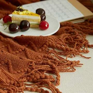 SunStyle Home Rust Throw Blanket for Couch 50 x 60 inches - Decorative Knitted Summer Blankets with Tassels - Soft Lightweight Woven Textured Solid Farmhouse Throw for All Seasons