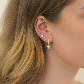 Gold Cross Huggie Hoop Earrings - Cubic Zirconia Cross Earrings Huggie Hoops Dangly Small Hoop Earrings for Women